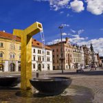 Golden fountain on the square in Pilsen